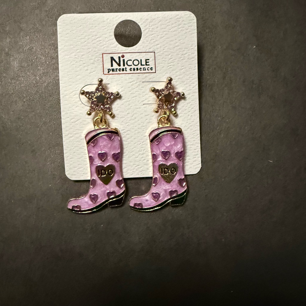 Nicole Pink Heart Cowboy Boot Dangle Earrings With Gold Star Studs